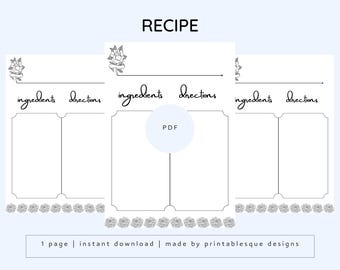 Könnte beinhalten: Druckbare Rezeptvorlage mit drei Abschnitten für Zutaten, Anweisungen und einen Titel. Jeder Abschnitt hat oben ein dekoratives Blumenmuster. Der Text "RECIPE" befindet sich oben auf der Seite. Der Text "PDF" befindet sich in einem Kreis in der Mitte der Seite. Der Text "1 page | instant download | made by printablesque designs" befindet sich unten auf der Seite.