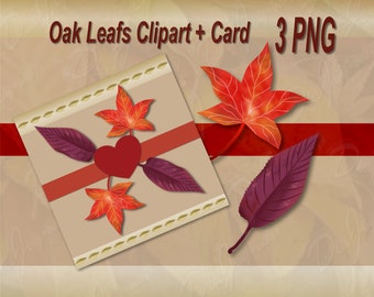 Autumn Oak Leaf Clipart and Greeting Card Design, Fall Leaves Digital Art, Thanksgiving PNG Files, Scrapbooking, Instant Download