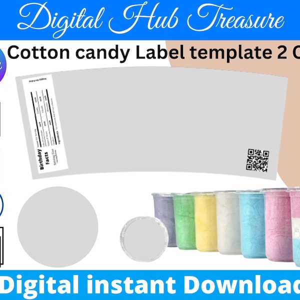 2 Oz Cotton Candy Tub Label Template, Cotton Candy Tub Wrapper Template, Chip Bag Template Instant Download, candy floss label