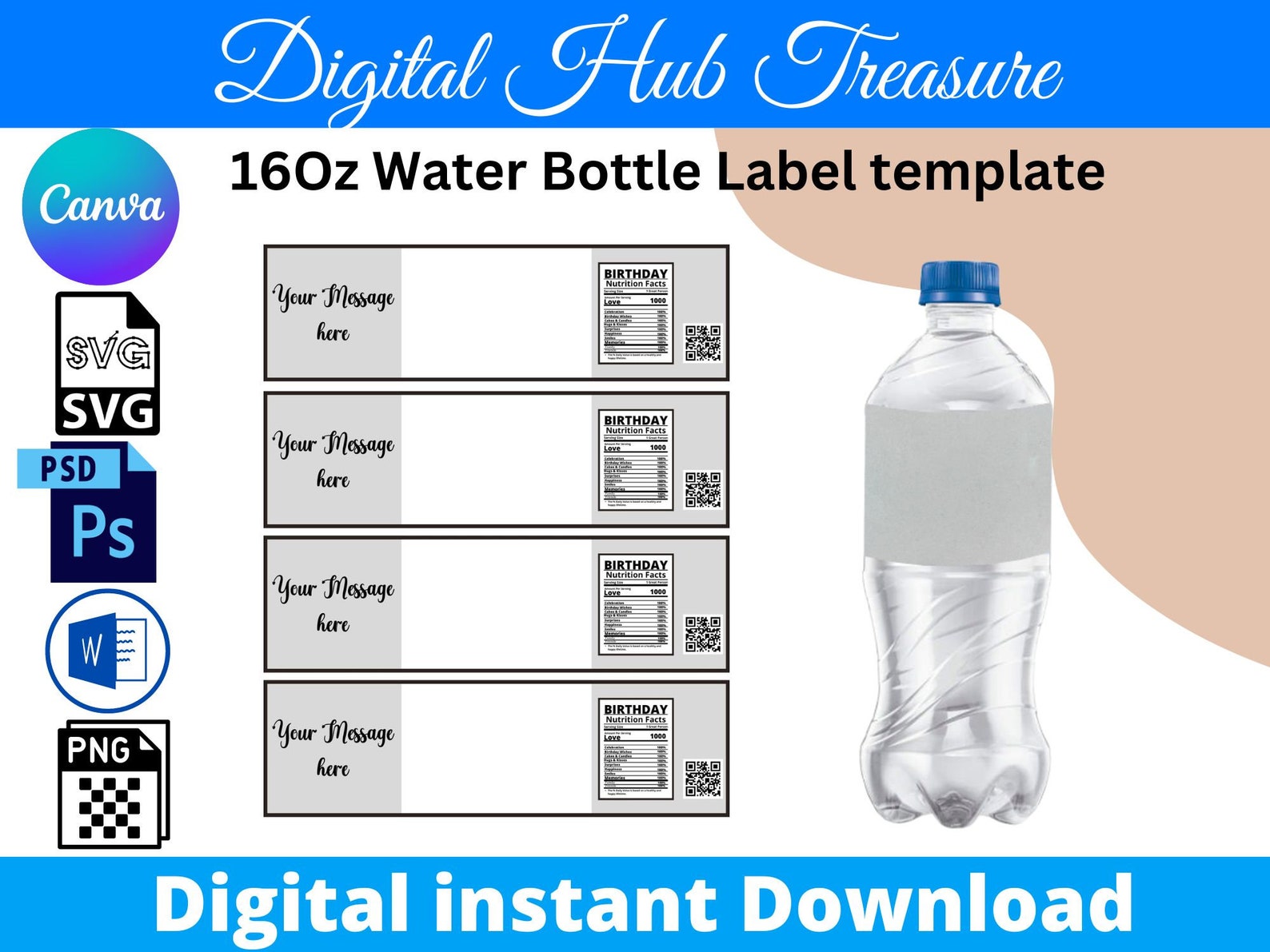 16oz Water Bottle Label Template: Customizable SVG PNG PDF (digital ...