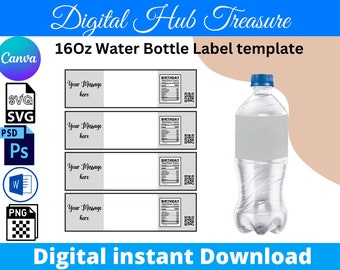16oz Water Bottle Label Template: Customizable SVG PNG PDF (Digital Download)