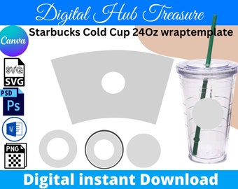 24 Oz Starbucks Cold Cup Wrap Template SVG PNG PSD (Digital Download)