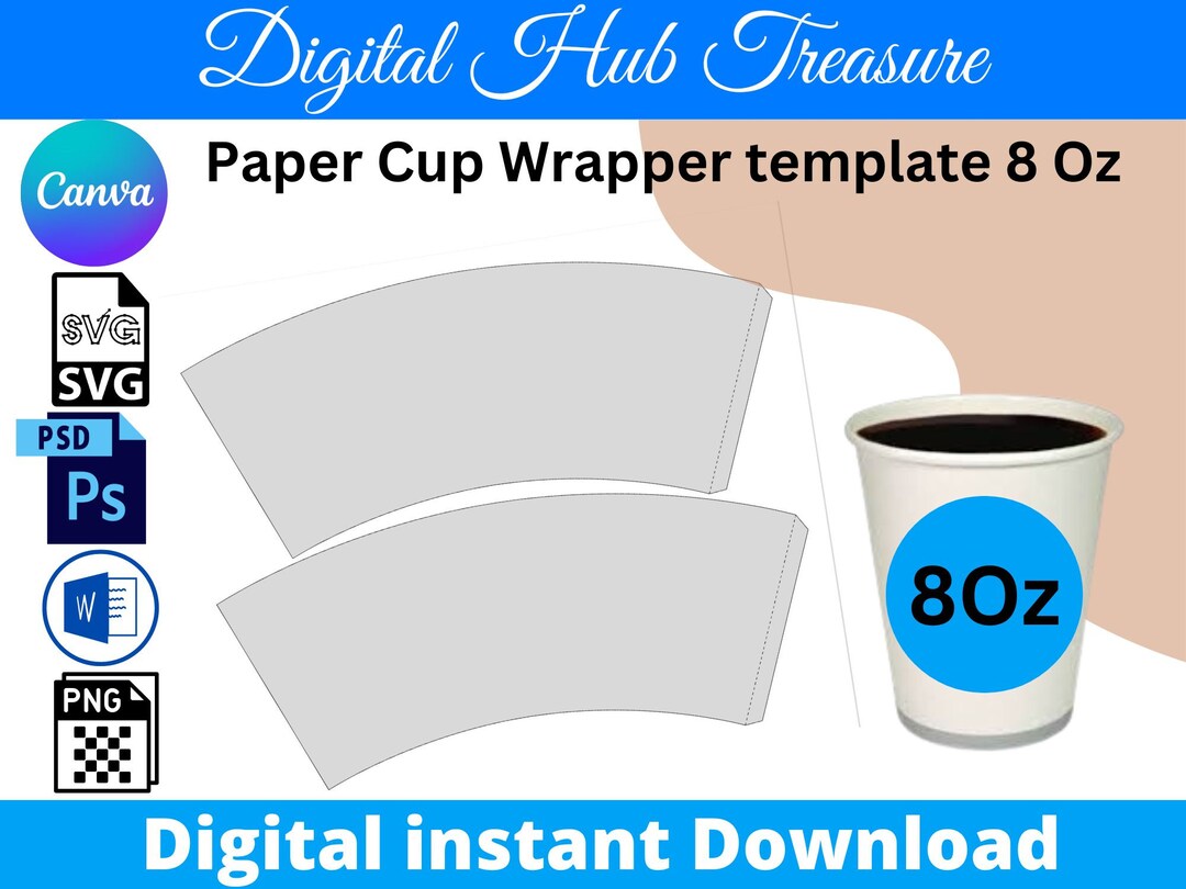 8oz Blank Paper Cup Wrapper Template, Styrofoam Coffee Cup Template