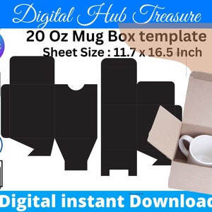 Puede incluir: Una plantilla imprimible para una caja de taza de 20 onzas. La plantilla es en blanco y negro y muestra la caja doblada plana. El tamaño de la hoja es de 11,7 por 16,5 pulgadas. El texto "Digital Hub Treasure" y "Digital instant Download" también está incluido en la imagen.