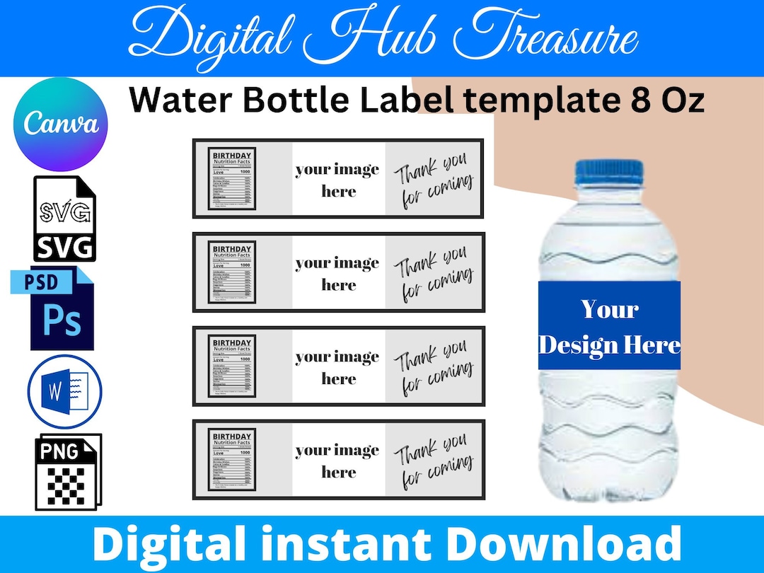 Personalized Water Bottle Label Template: 8oz Canva SVG PNG PDF