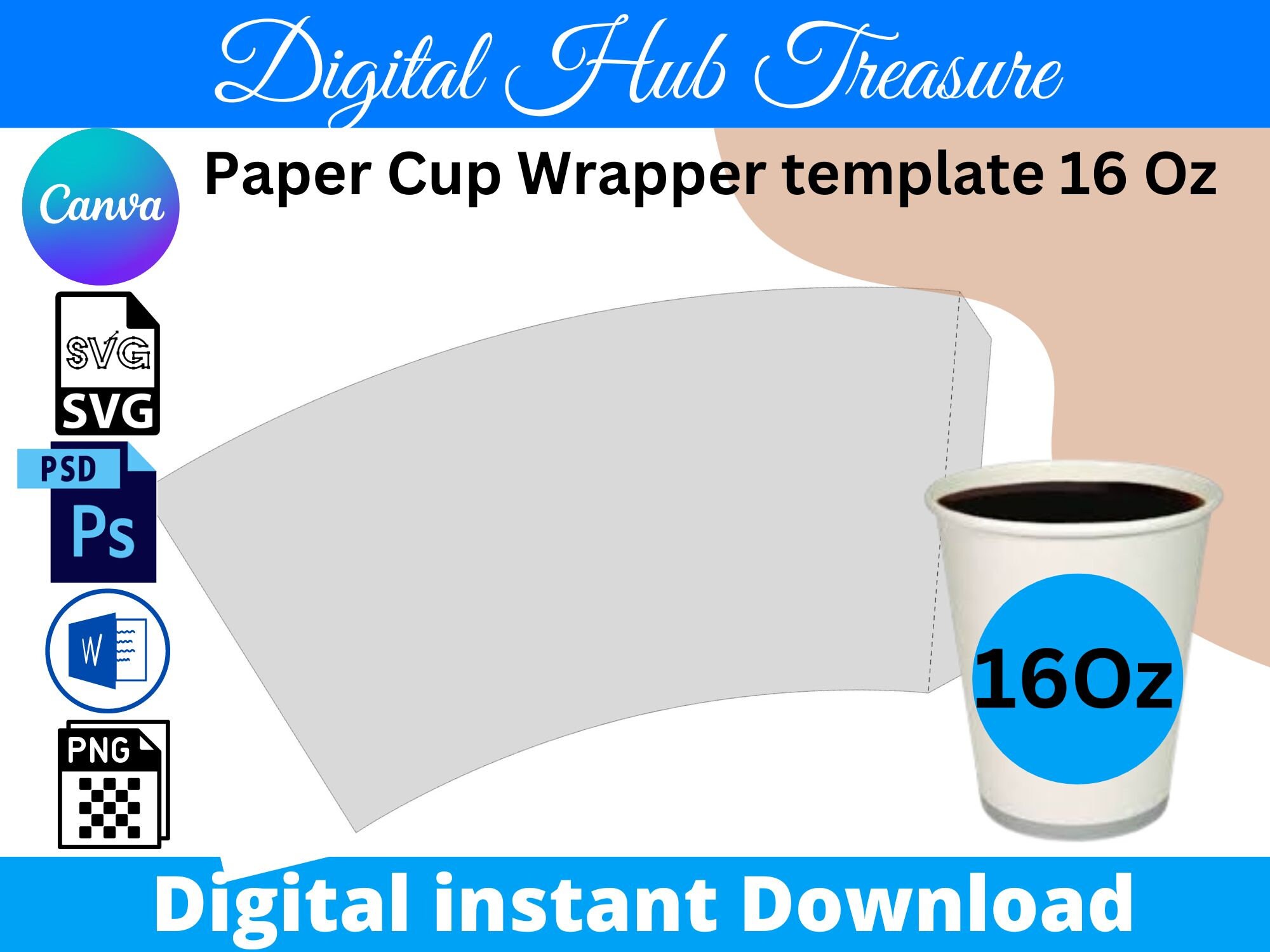 16oz Blank Paper Cup Wrapper Template, Styrofoam Coffee Cup Template ...