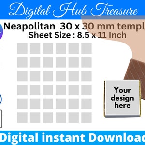 Può includere: Un modello digitale con il testo "Digital Hub Treasure" e "Neapolitan 30 x 30 mm template". Il formato del foglio è 21,6 x 27,9 cm. Include icone per i formati Canva, SVG, PSD, Word e PNG. Un esempio di design recita "Your design here".