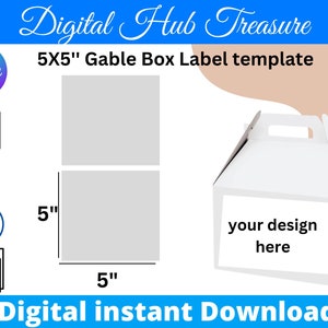 Könnte beinhalten: Eine druckbare Vorlage für ein 5x5 Zoll großes Gable-Box-Etikett. Die Vorlage wird mit einer weißen Box und dem Text "Ihr Design hier" gezeigt. Die Vorlage ist in den Formaten Canva, SVG, PSD, Word und PNG verfügbar.