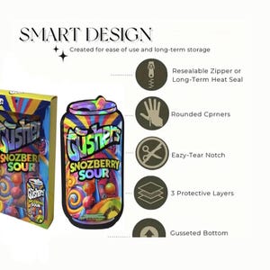 K&ouml;nnte beinhalten: Eine farbenfrohe Verpackung und Dose mit Gusher's Snozberry Sour-S&uuml;&szlig;igkeiten. Die Verpackung hebt Merkmale wie einen wiederverschlie&szlig;baren Rei&szlig;verschluss, abgerundete Ecken und eine Easy-Tear-Kerbe hervor. Das Design zeigt wirbelndes Obst.