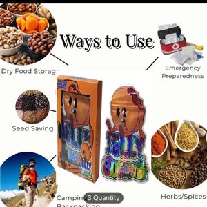 K&ouml;nnte beinhalten: Ein Bild mit dem Text &bdquo;Ways to Use&ldquo; und Illustrationen, die die Lagerung trockener Lebensmittel, die Saatgutaufbewahrung, die Notfallvorsorge, Camping und Kr&auml;uter/Gew&uuml;rze zeigen. Das Bild zeigt auch ein Produkt mit dem Text &bdquo;Jelly Gumbo&ldquo;.