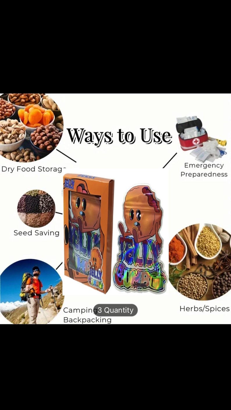 K&ouml;nnte beinhalten: Ein Bild mit dem Text &bdquo;Ways to Use&ldquo; und Illustrationen, die die Lagerung trockener Lebensmittel, die Saatgutaufbewahrung, die Notfallvorsorge, Camping und Kr&auml;uter/Gew&uuml;rze zeigen. Das Bild zeigt auch ein Produkt mit dem Text &bdquo;Jelly Gumbo&ldquo;.