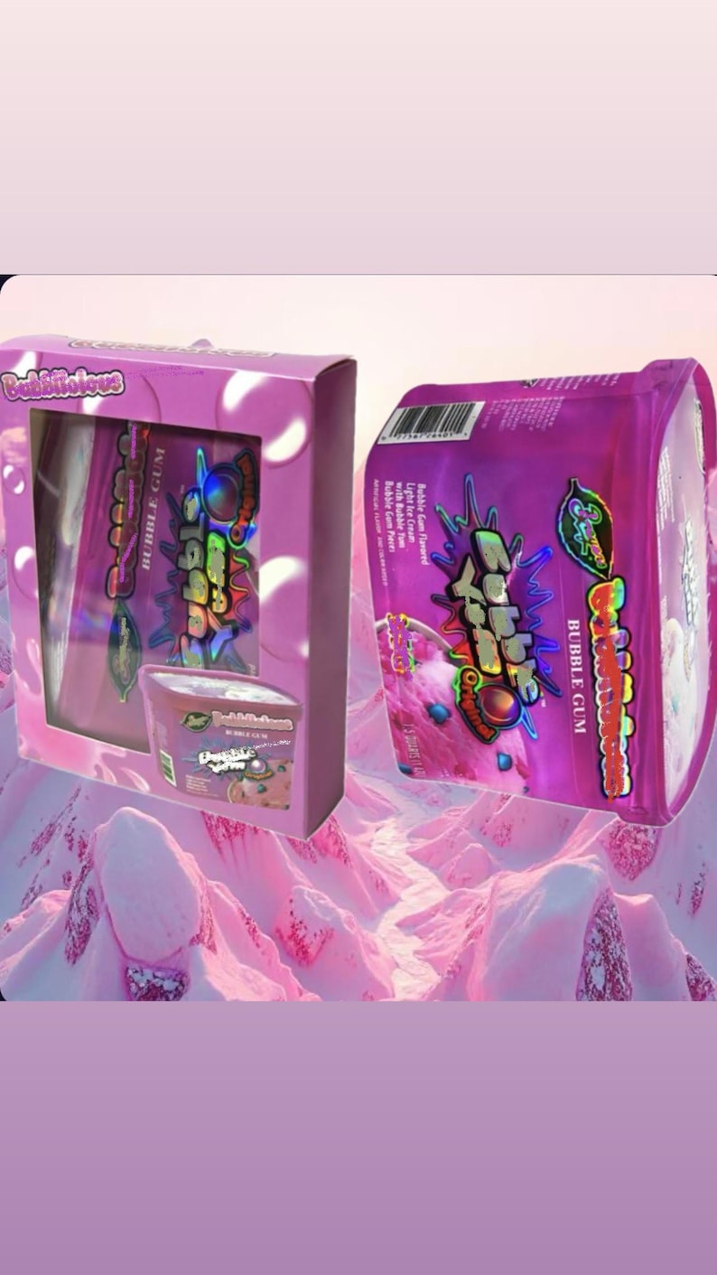 K&ouml;nnte beinhalten: Rosa Bubblegum-Eisverpackung mit dem Text "Bubble Gum" und "Bubbletious". Die Verpackung enth&auml;lt eine Schachtel und einen Eisbecher. Das Eis ist nach Bubblegum-Geschmack.