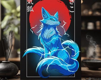 Japanese Fox Spirit Poster – Kitsune Wall Art Print – Mythical Yokai Illustration A4/A3