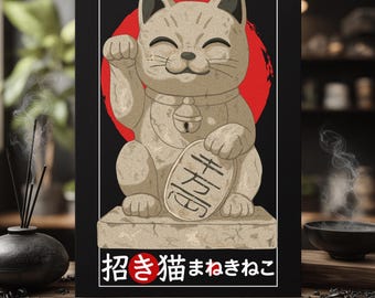 Póster de gato de la suerte japonés - Impresión artística de pared Maneki Neko - Ilustración de anime folclórico (A4/A3)