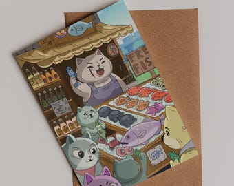 Postal de Kawaii Cat Market – Impresión artística de una tienda de sushi japonesa