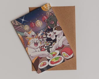 Sushi Cat Festival - Japanese Themed Kawaii Postcard