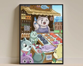 Niedliche Katze Fischmarkt Poster – Japanische Anime Illustration