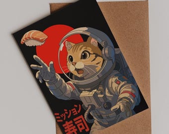 Postal de gato astronauta – Impresión artística de anime japonés de la misión Sushi