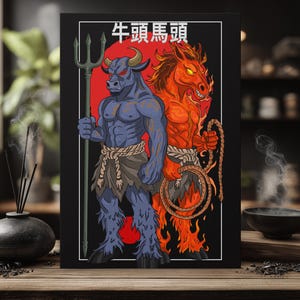 May include: A framed illustration depicting two mythical figures. A blue bull-like creature with a trident stands beside a fiery red horse-like figure with a whip. The background is a red circle, and the top has Japanese text.