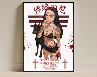 Tattooed Nun & Doberman Poster – Dark Gothic Anime Wall Art