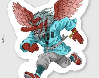 May include: A sticker featuring a cartoon illustration of a Japanese Tengu. The Tengu has a red face, long nose, and white hair. It wears a blue robe, gray pants, and red sandals, with large red wings. The sticker is 4.7 cm wide and 5.9 cm tall.