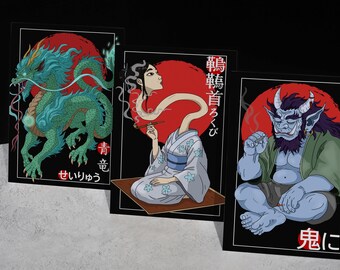 Paquete de 3 postales Yokai: postales de temática japonesa; Rokurokubi, Seryiou, Oni