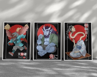 Conjunto de carteles Yokai: Tengu, Oni, Rokurokubi
