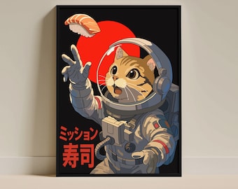 Stampa artistica di sushi con gatto astronauta – Decorazione fantascientifica in stile anime giapponese