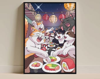 Kawaii Sushi Katzen Poster - Japanische Anime Wandkunst