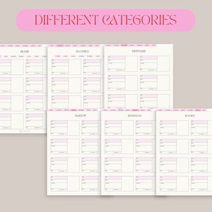 May include: Printable planner pages with pink headings and text, organised into categories such as Home, Clothes, Skincare, Makeup, Business, and Books. The text "DIFFERENT CATEGORIES" is displayed in a pink banner.