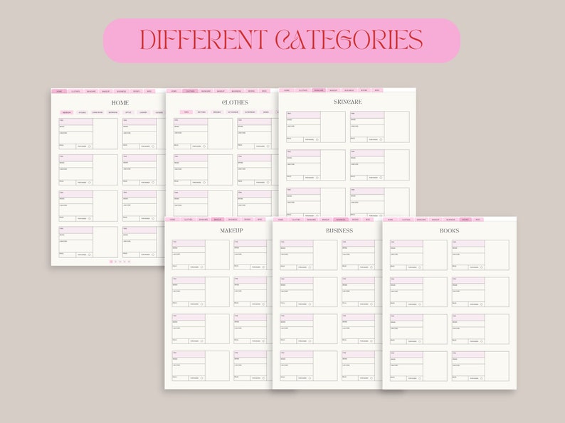 May include: Printable planner pages with pink headings and text, organised into categories such as Home, Clothes, Skincare, Makeup, Business, and Books. The text "DIFFERENT CATEGORIES" is displayed in a pink banner.