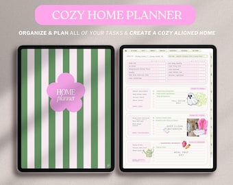 May include: A digital home planner displayed on two screens. The left screen features a green and white striped cover with a pink flower shape and the text "HOME planner". The right screen shows a daily task list with checkboxes and icons.