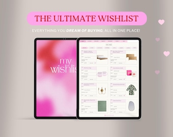 May include: Two tablets displaying a digital wishlist interface. The left screen shows a pink gradient background with the text 'my wishlist'. The right screen displays a grid of product listings with images, titles, and prices under the header 'THE ULTIMATE WISHLIST'.