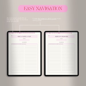 Puede incluir: Dos tabletas negras que muestran p&aacute;ginas de establecimiento de objetivos. El texto "EASY NAVIGATION" est&aacute; en la parte superior. Una tableta muestra "MAKE 6 FIGURES A YEAR", la otra "MARRY MY DREAM MAN". Acentos rosas y secciones rayadas visibles.
