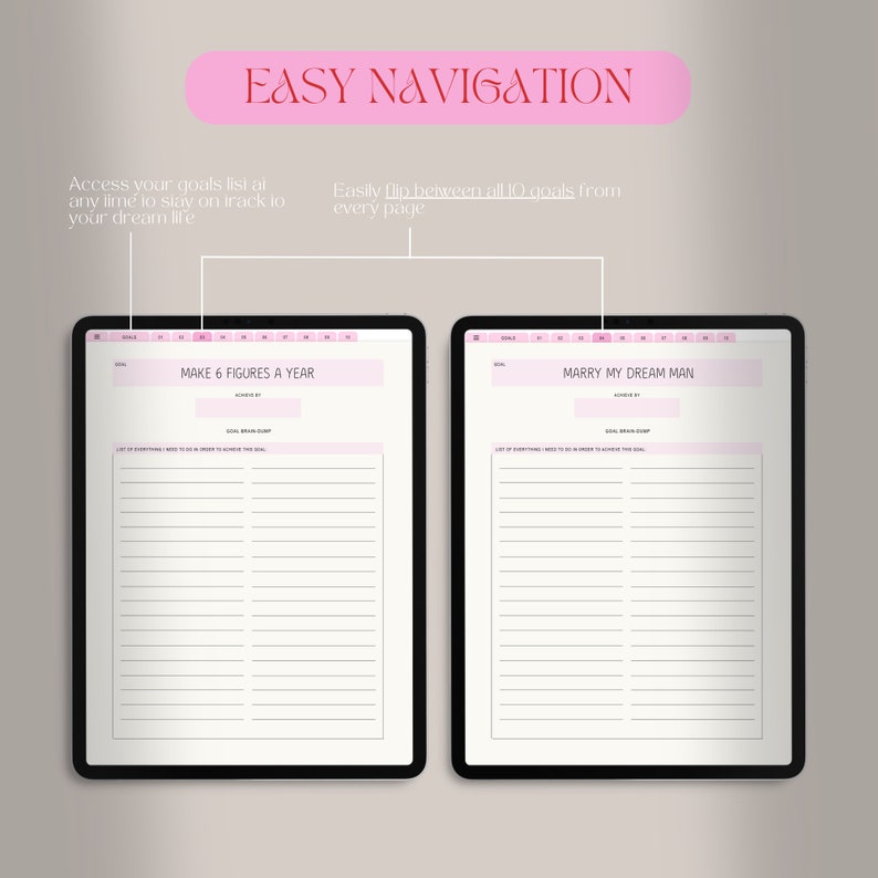 Puede incluir: Dos tabletas negras que muestran p&aacute;ginas de establecimiento de objetivos. El texto "EASY NAVIGATION" est&aacute; en la parte superior. Una tableta muestra "MAKE 6 FIGURES A YEAR", la otra "MARRY MY DREAM MAN". Acentos rosas y secciones rayadas visibles.