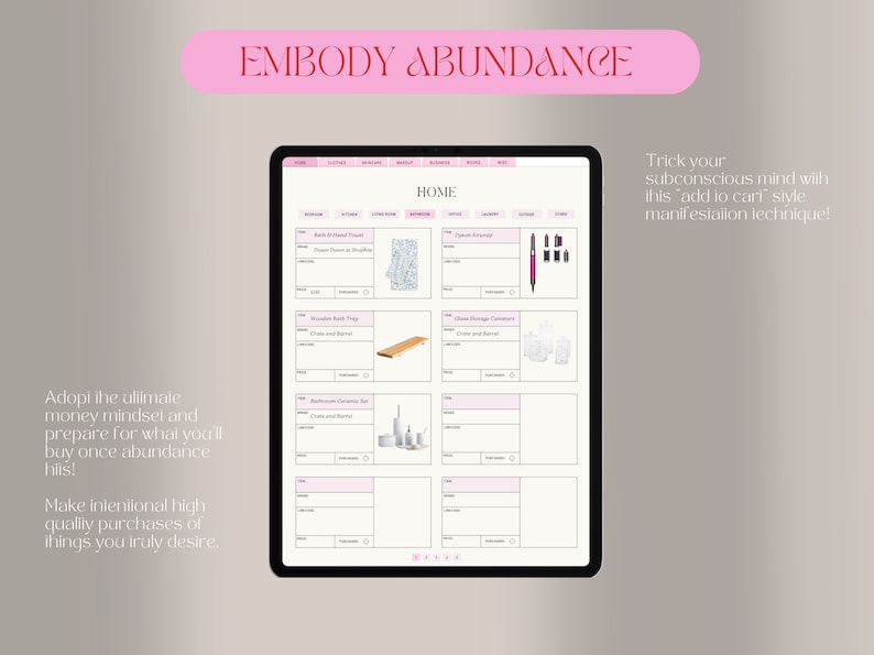 May include: A digital tablet shows a mock-up e-commerce site with product images and descriptions. The text "EMBODY ABUNDANCE" is at the top. The screen displays items like towels, bath trays, and storage canisters. The tablet is on a neutral background.