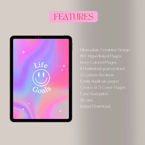 Puede incluir: Una tableta digital que muestra un dise&ntilde;o de "Life Goals" con una carita sonriente, sobre un fondo degradado rosa y morado. La imagen incluye la palabra "FEATURES" y una lista de caracter&iacute;sticas.