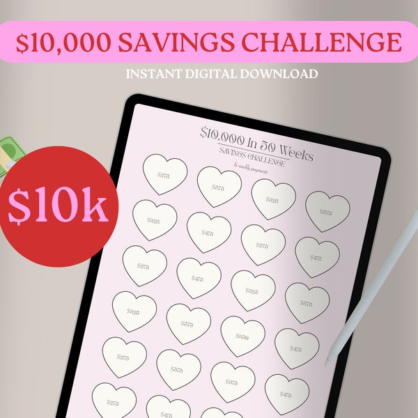 Savings Challenge 10k | 10,000 Savings Challenge | iPad Digital Savings Tracker | Money Mindset Challenge | Pink Planner | Money Tracker