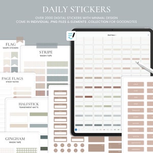 以下が含まれることがあります： Goodnotes 用のデジタルステッカーが多数あるデジタルプランナーの画面。ステッカーには、フラッグ、ページフラッグ、和紙テープ、ハーフスティックの透明マットステッカーが含まれています。ステッカーは、ベージュ、ブラウン、グレーなどのニュートラルカラーで、ミニマルなデザインになっています。