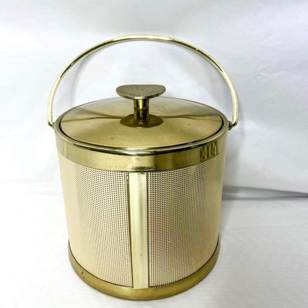 MCM Vintage Serv-Master Gold Mesh Ice Bucket with Handle and Lid