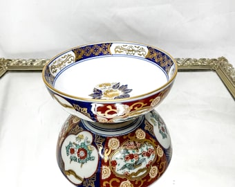 Bol décoratif sur pied japonais bleu cobalt Imari 6" peint à la main vintage fabriqué au Japon