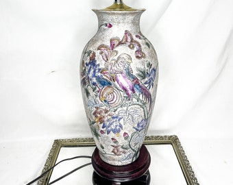 1980s Vintage Wildwood Asian Chinoiserie Table Lamp Bird and Flower Design Wooden Base