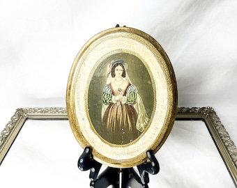 Vintage Florentine framed portrait, Florentine inlay, gold gilt wall plaque