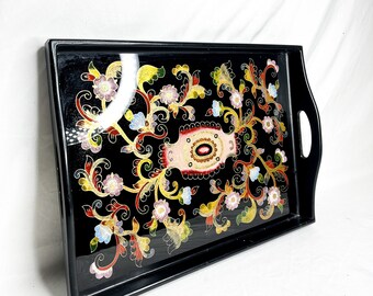 Beautiful Vintage Wooden Reverse Painted Colorful Floral Motifs DecorativeTray