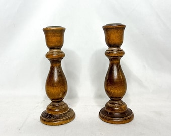 Pair of Vintage Wooden Candlestick Taper Holders 7” Tall Farmhouse Country Cottage Bohemian MCM Decor