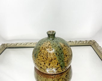 Vintage signed Pottery Bud vase Speckled with Green Blue Glaze