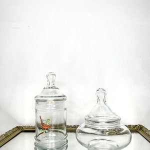 Set of two Vintage Clear Glass Apothecary Jars Red Bird| Christmas Holiday Candy Dish