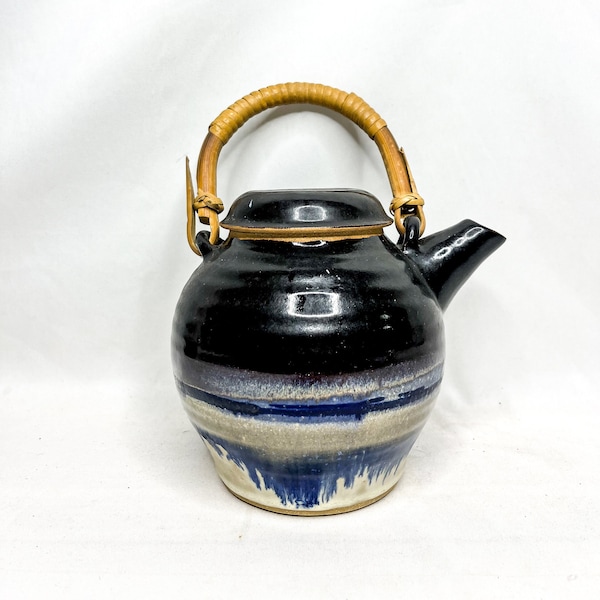 Signed Vintage Teapot Wicker Handle Handmade Clay With Blue Glaze