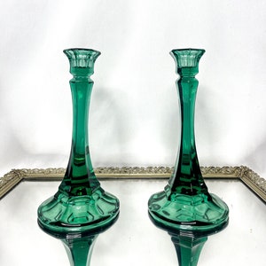 Matching Pair of Green Glass Taper Candlestick Holders, Wedding Decor, Shabby Chic, Housewarming Gift