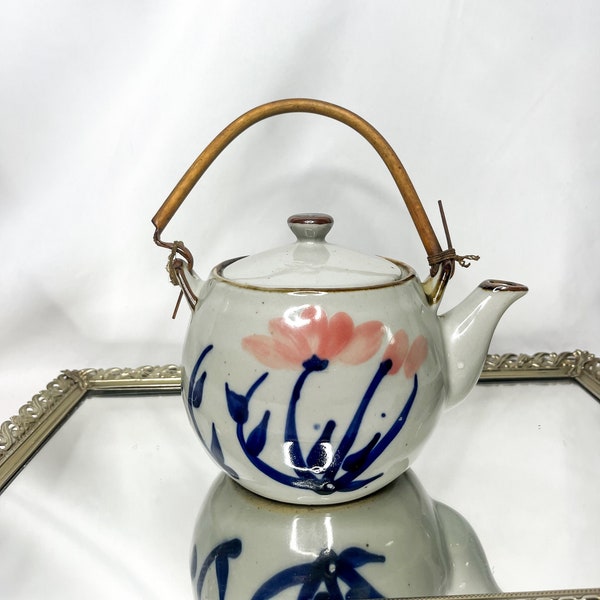 Vintage Japanese Stoneware Teapot Bamboo Handle With Blue Pink Flowers